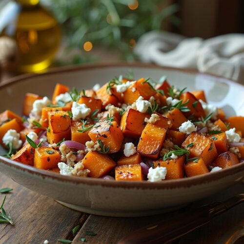 Sweet Potato Goat Cheese Salad with thyme and red onions.