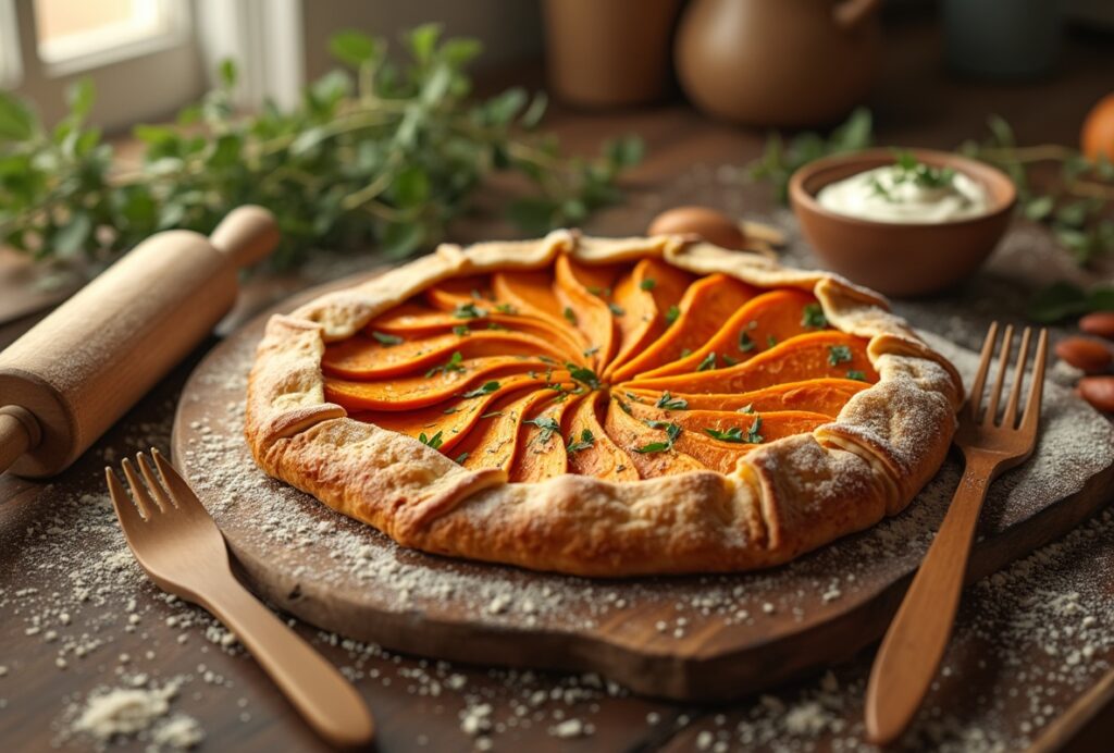 Sweet potato galette on rustic board with herbs and flour.