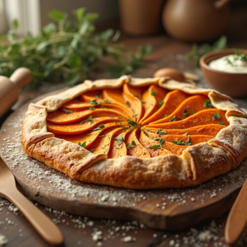 Sweet potato galette on rustic board with herbs and flour.