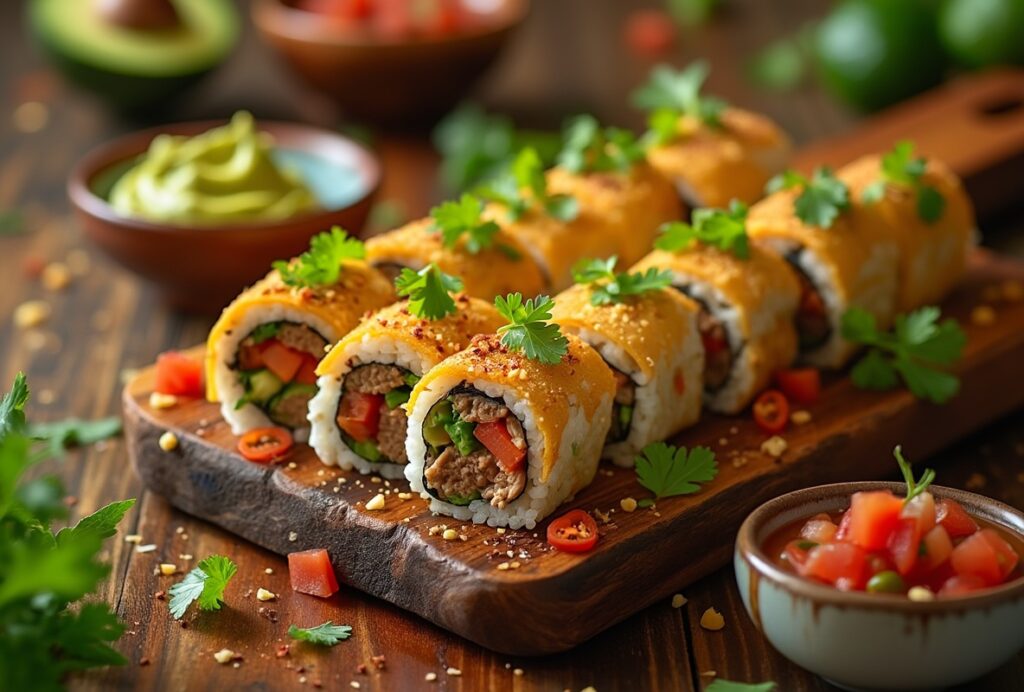 Golden baked Mexican sushi rolls with minced meat, veggies, cheese.