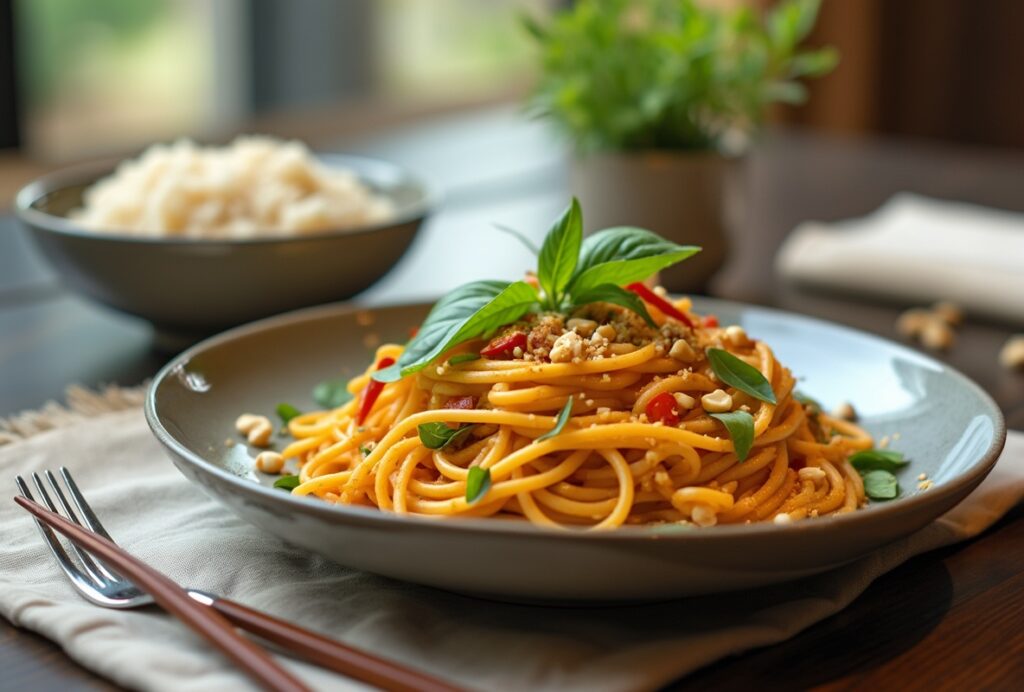 Thai curry noodles with basil, chili, and peanuts on a plate.