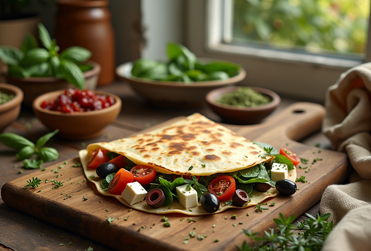 Golden quesadilla with vibrant filling of greens, tomatoes, olives, and feta.