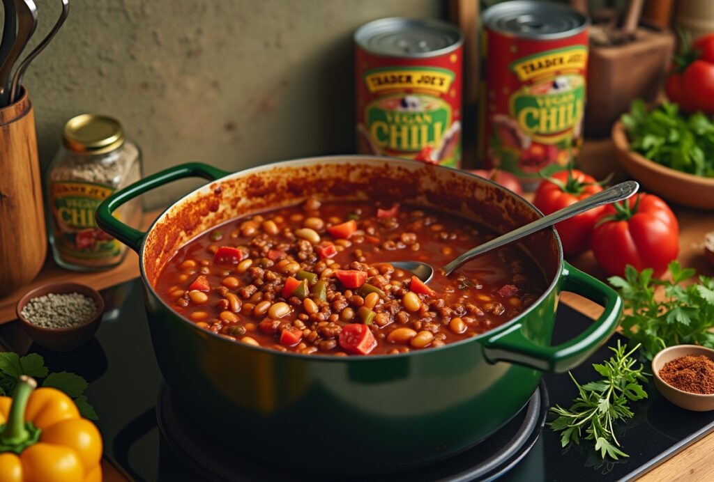 Trader Joe's vegan chili in a green pot on stove with ingredients.