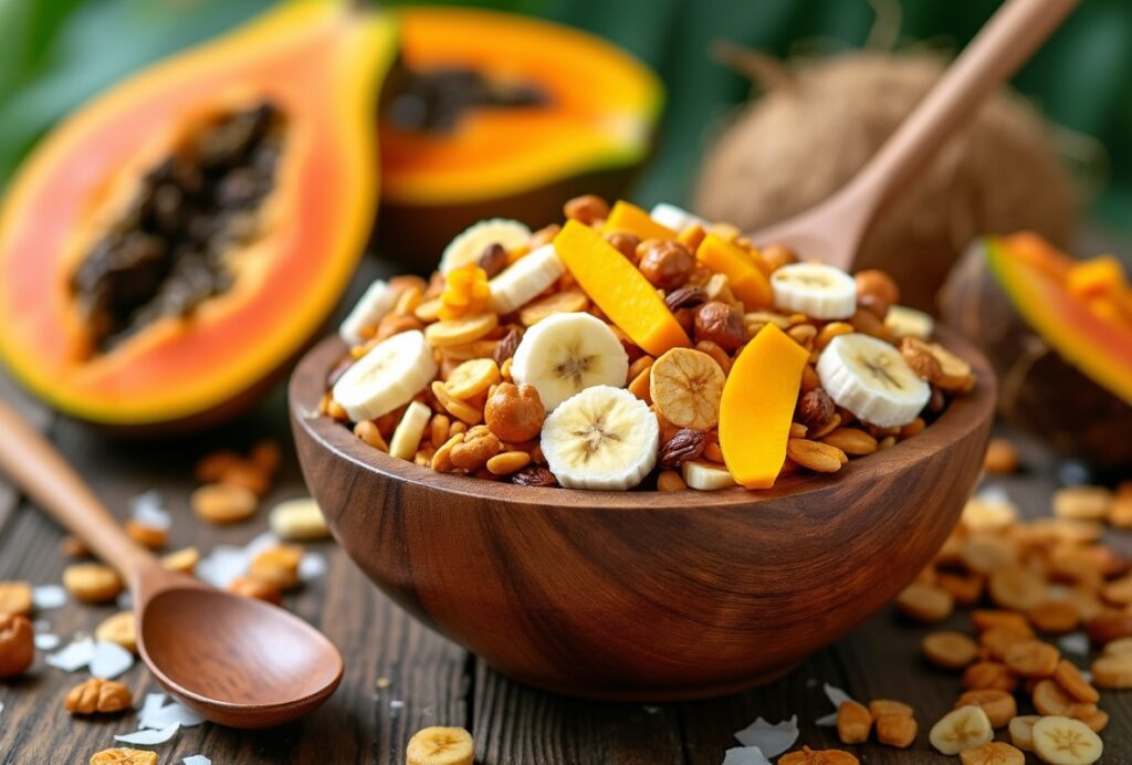 Wooden bowl of healthy tropical trail mix with nuts and fruits.