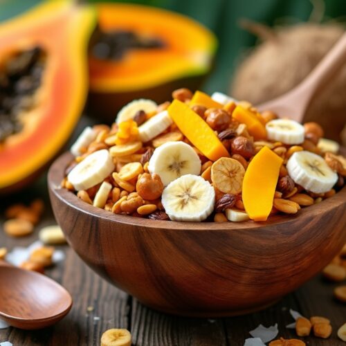 Wooden bowl of healthy tropical trail mix with nuts and fruits.