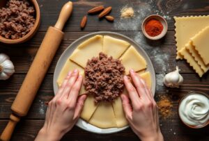 Chef preparing authentic Turkish pasta with minced meat.