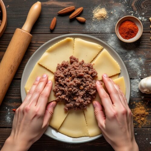 Chef preparing authentic Turkish pasta with minced meat.