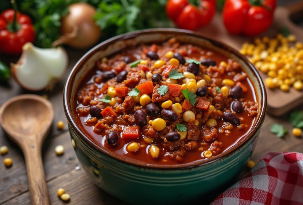 Hearty vegan chili bowl with red peppers, black beans, corn, onions, cilantro.