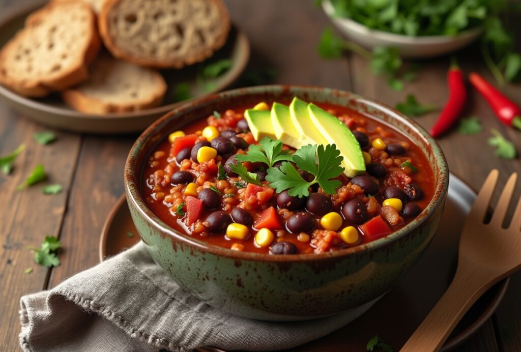 Bowl of vegan chili with beans, corn, tomatoes, avocado, and cilantro.