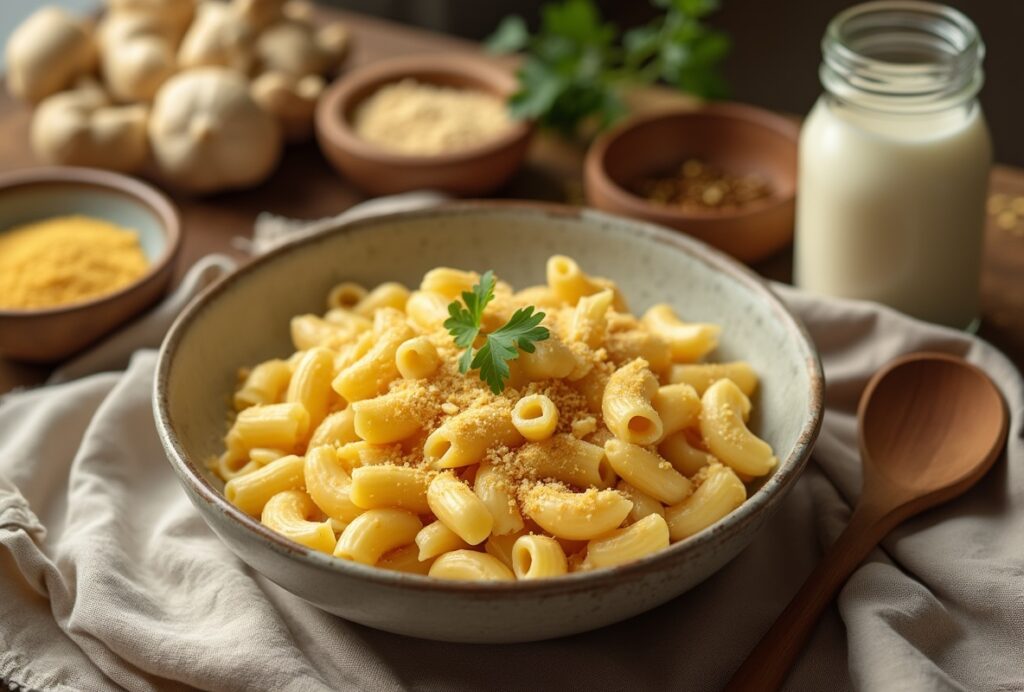 Bowl of vegan mac and cheese with parsley, ingredients include nutritional yeast, mushrooms, spices.