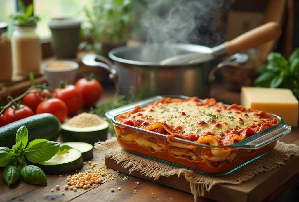 Freshly baked vegan lasagna in glass dish with golden crust