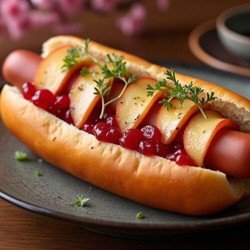 Wagyu hot dog in bun with apple, cranberry sauce, garnished with thyme.