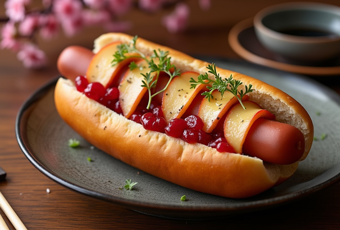 Wagyu hot dog in bun with apple, cranberry sauce, garnished with thyme.