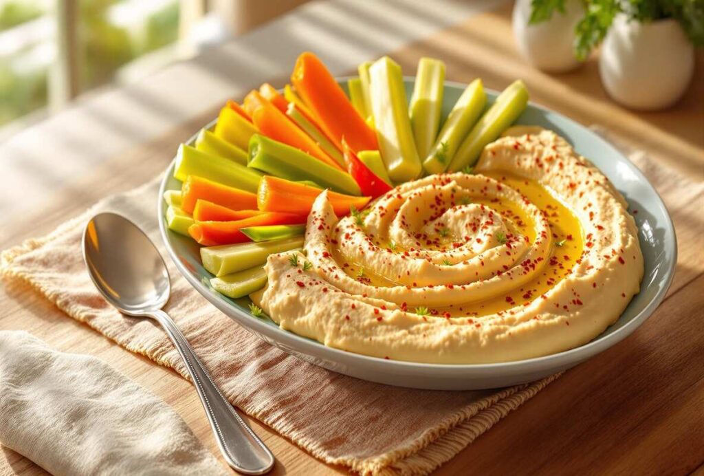 Vibrant snack of spicy veggie sticks with hummus on a board.