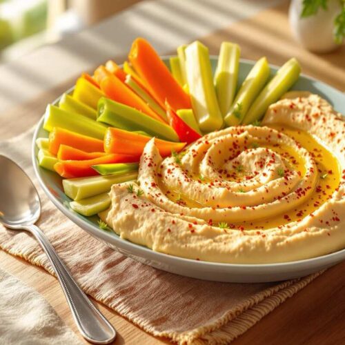 Vibrant snack of spicy veggie sticks with hummus on a board.