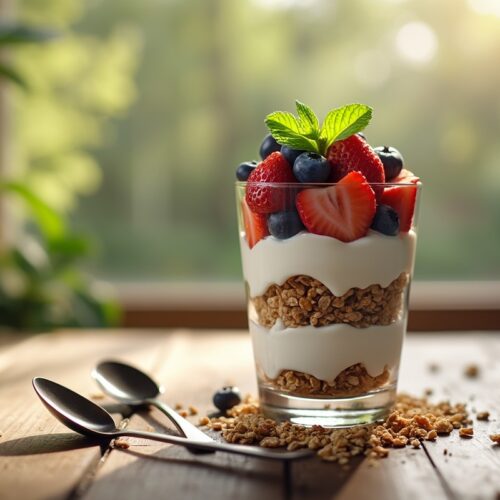 Layered yogurt parfait with granola, berries, and mint in a glass.