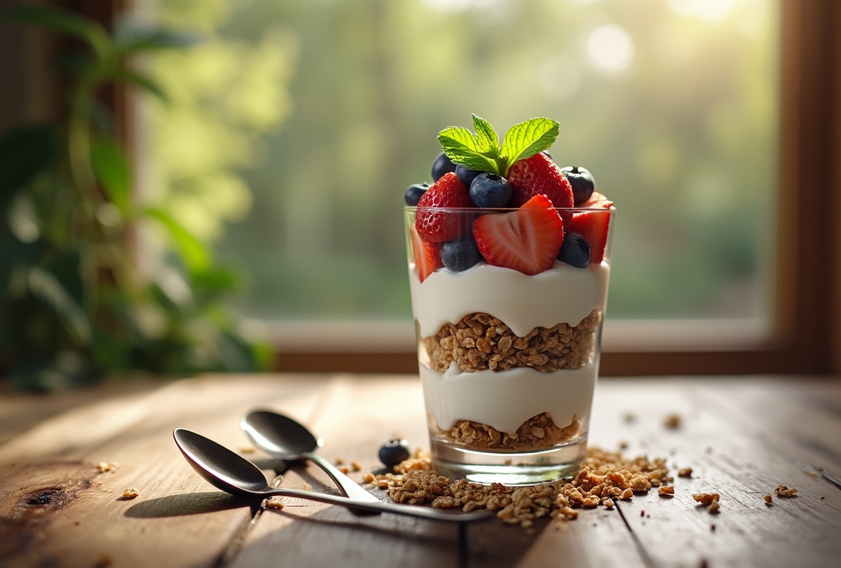 Layered yogurt parfait with granola, berries, and mint in a glass.