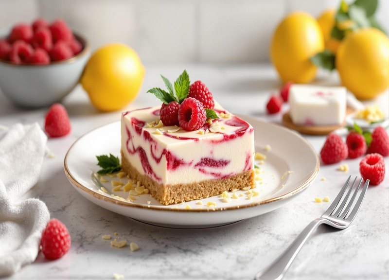 Lemon Raspberry Cheesecake Square, topped with raspberries, almonds, and mint on a white plate.