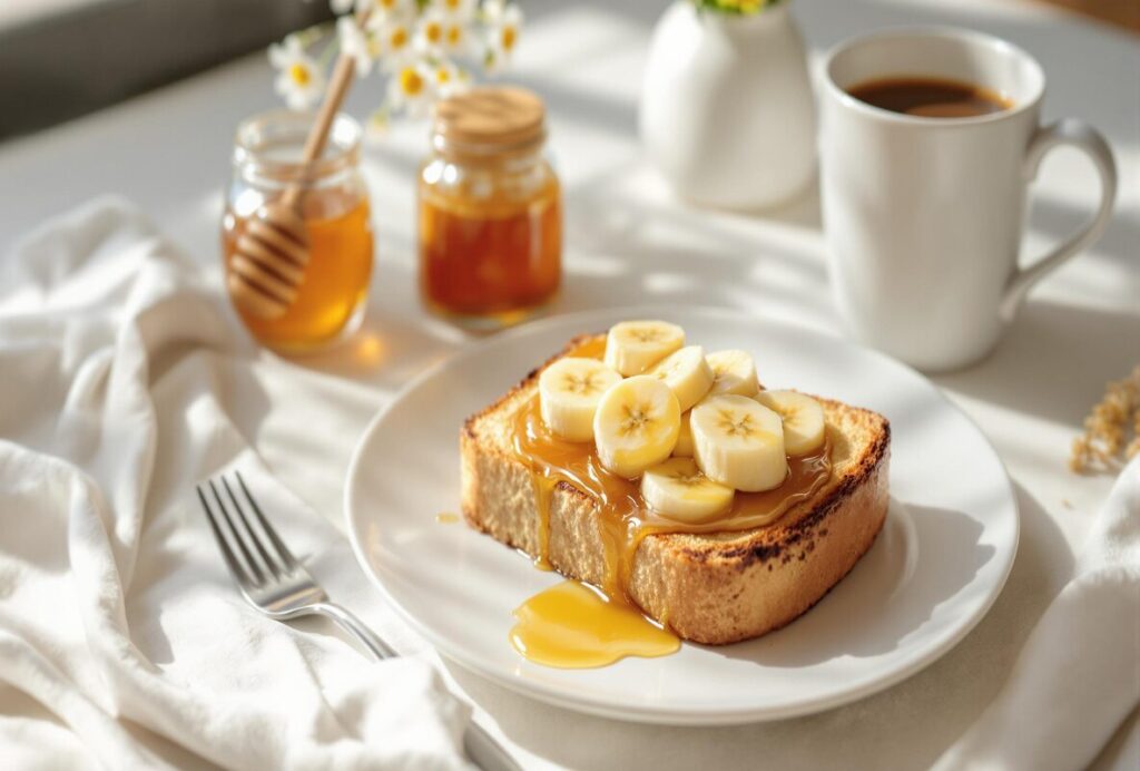 Healthy peanut butter banana toast with honey and black coffee.