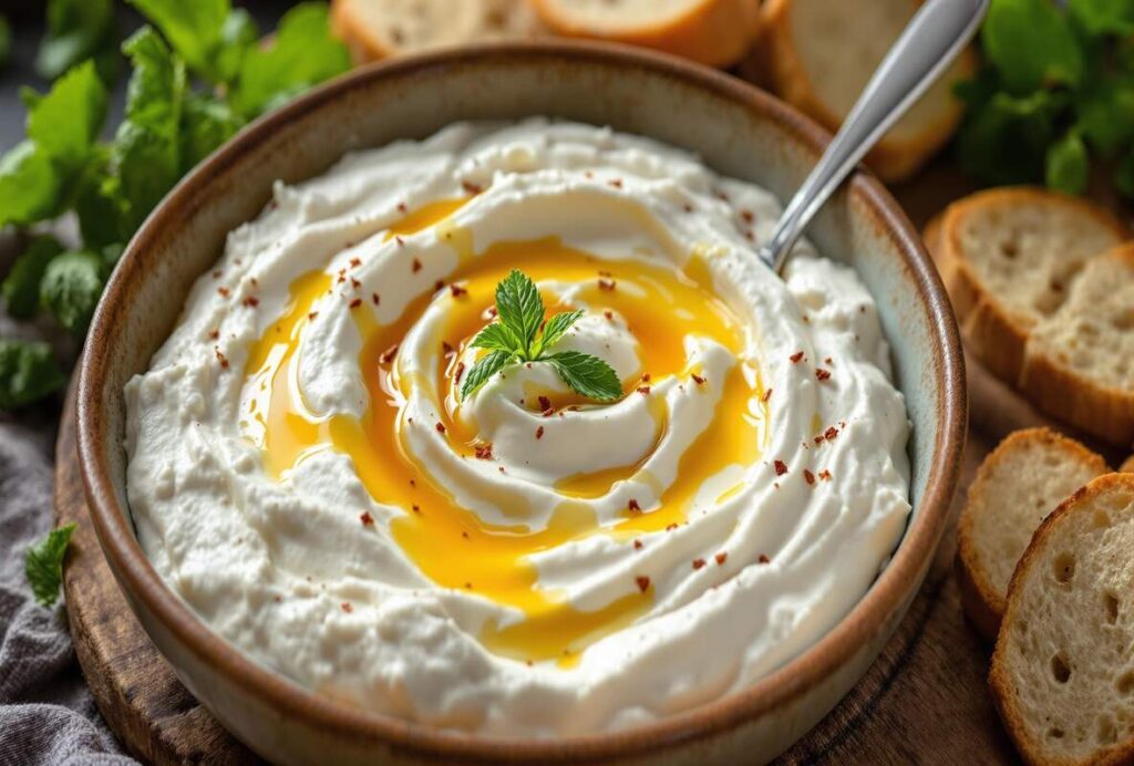 Bowl of whipped feta dip drizzled with spicy honey and chili flakes.