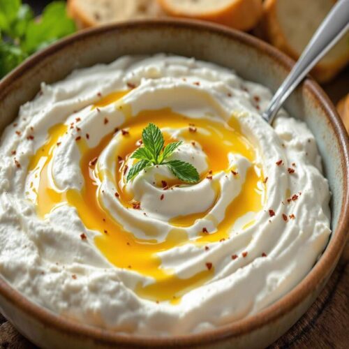 Bowl of whipped feta dip drizzled with spicy honey and chili flakes.