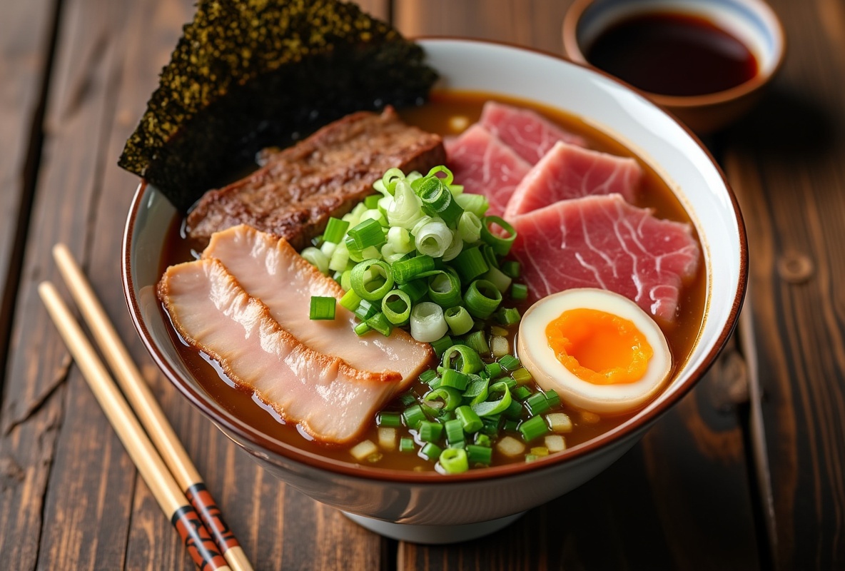 Delectable bowl of ramen with pork belly and beef in broth.