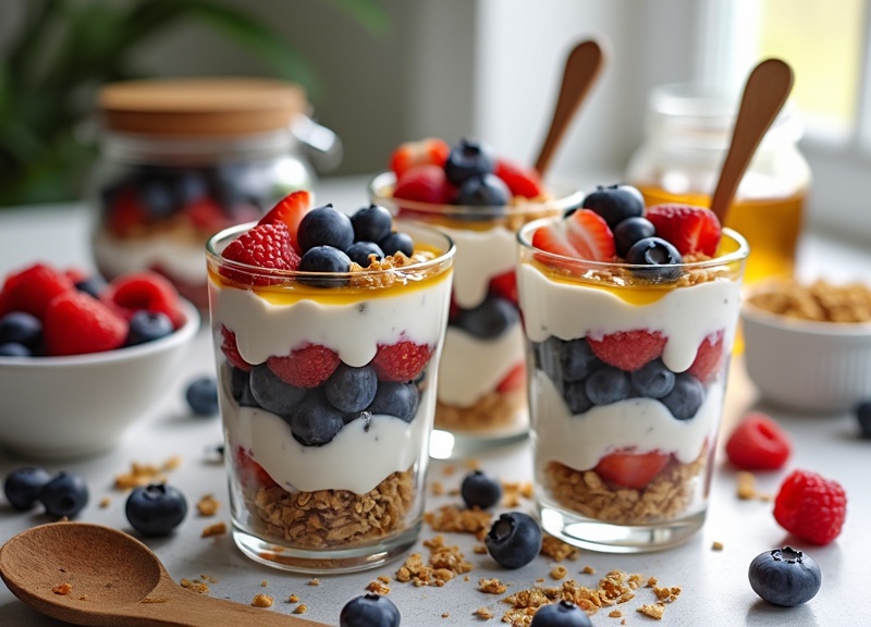 1_Three glass cups of yogurt parfaits with granola and mixed berries on a white surface.