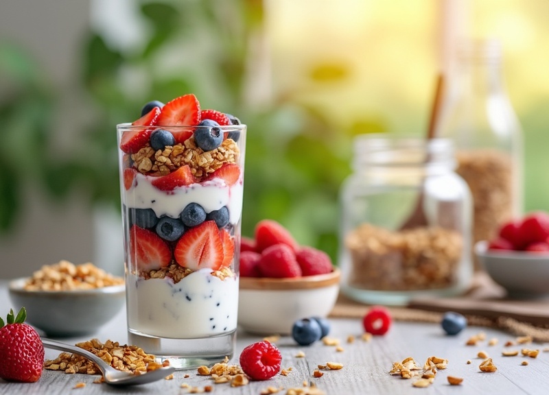 2_Yogurt parfait with blueberries, strawberries, raspberries, and granola in a glass.